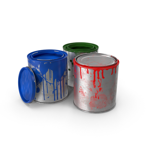 Messy Untidy Paint Cans with Spilled Paint Dripping, Isolated on